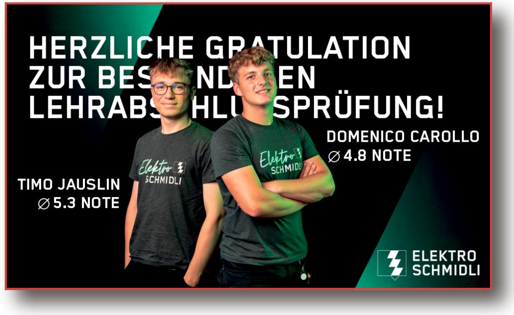 ELEKTRO SCHMIDLI, HERZLICHE GRATULATION ZUR BESTANDENEN LEHRABSCHLUSSPRÜFUNG!