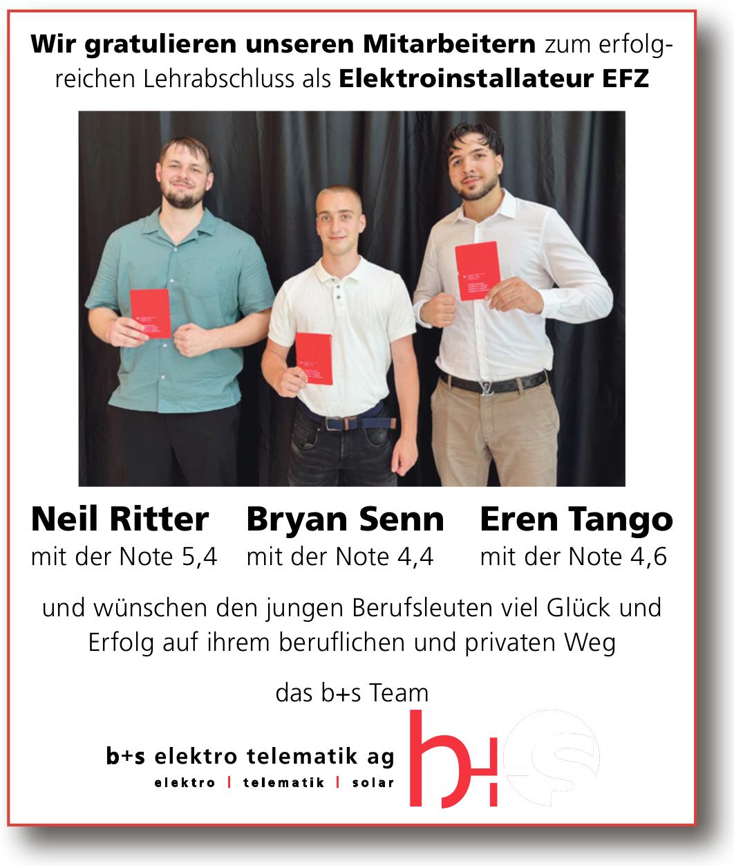 B+s elektro telematik ag, Wir gratulieren unseren Mitarbeitern zum erfolgreichen Lehrabschluss als Elektroinstallateur Efz