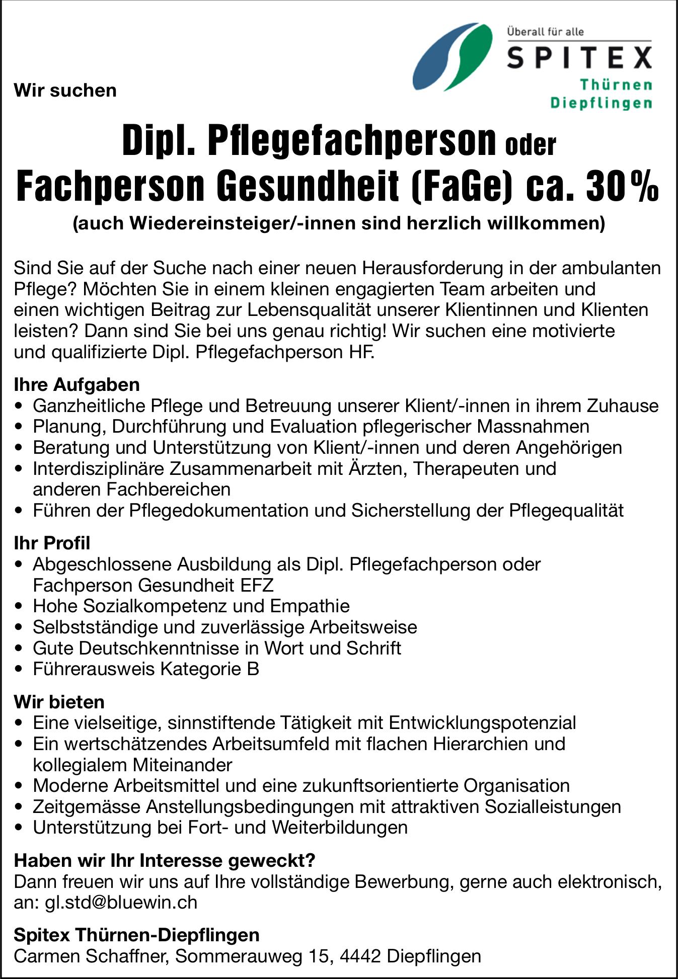 Dipl. Pflegefachperson oder Fachperson Gesundheit (FaGe) ca. 30%, Spitex Thürnen-Diepflingen, Gesucht