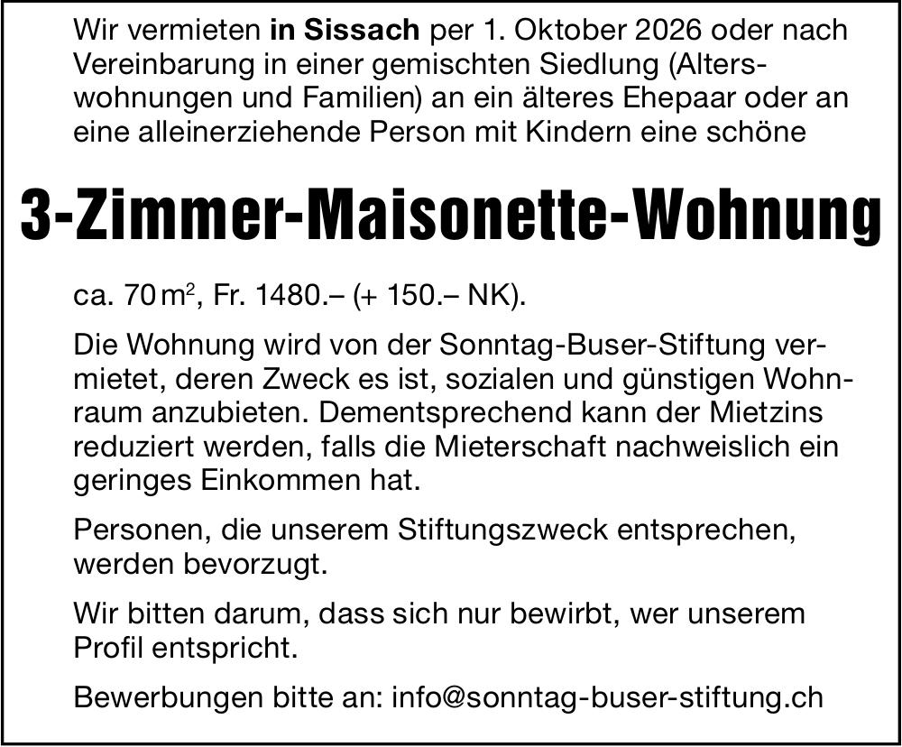 3-Zimmer-Maisonette-Wohnung, Sissach, zu vermieten