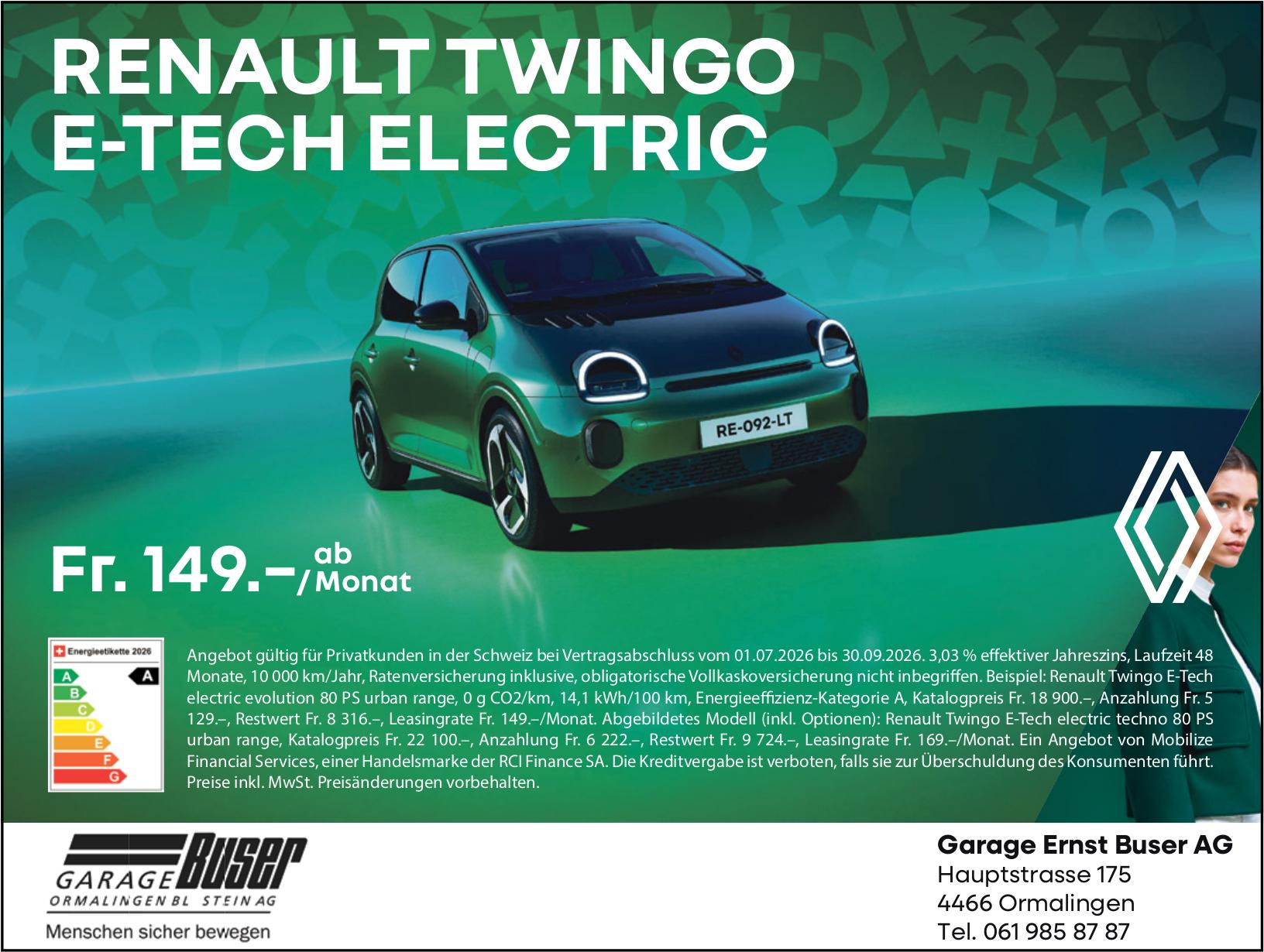 Garage Ernst Buser AG, Ormalingen - RENAULT TWINGO E-TECH ELECTRIC