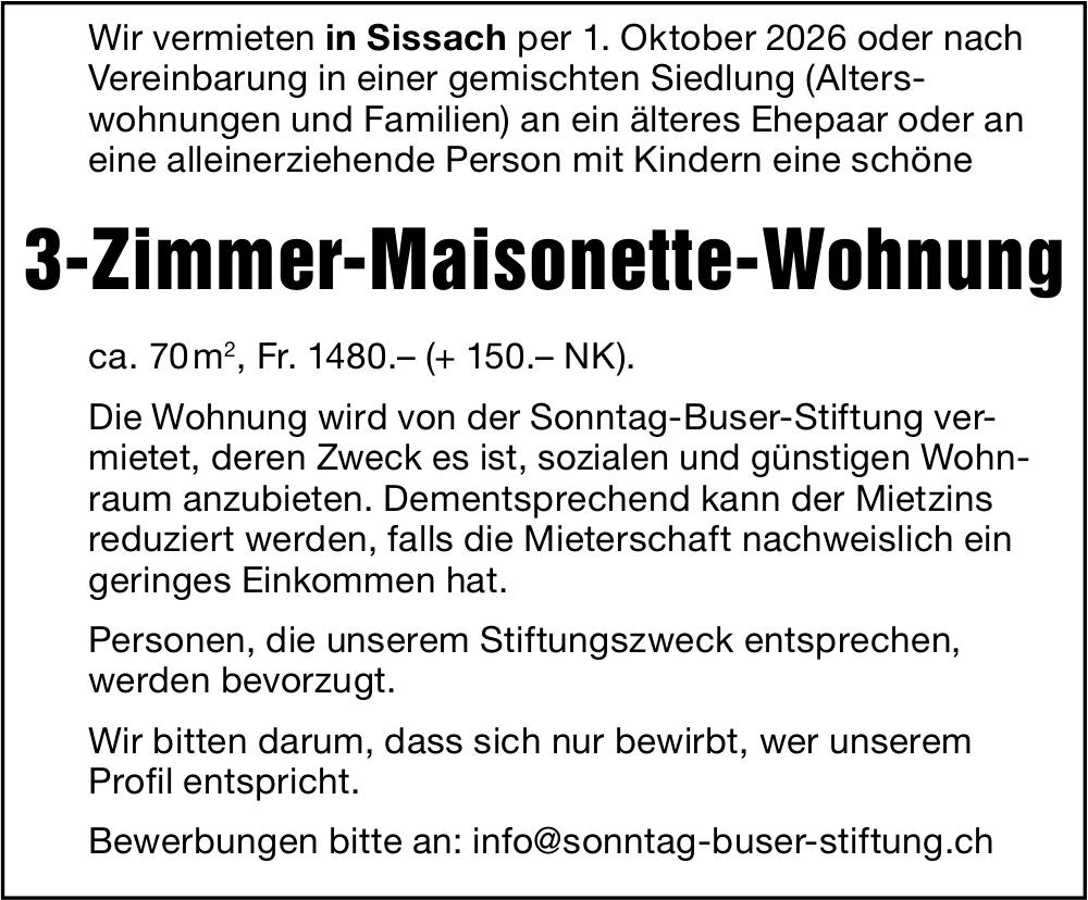 3-Zimmer-Maisonette-Wohnung, Sissach, zu vermieten