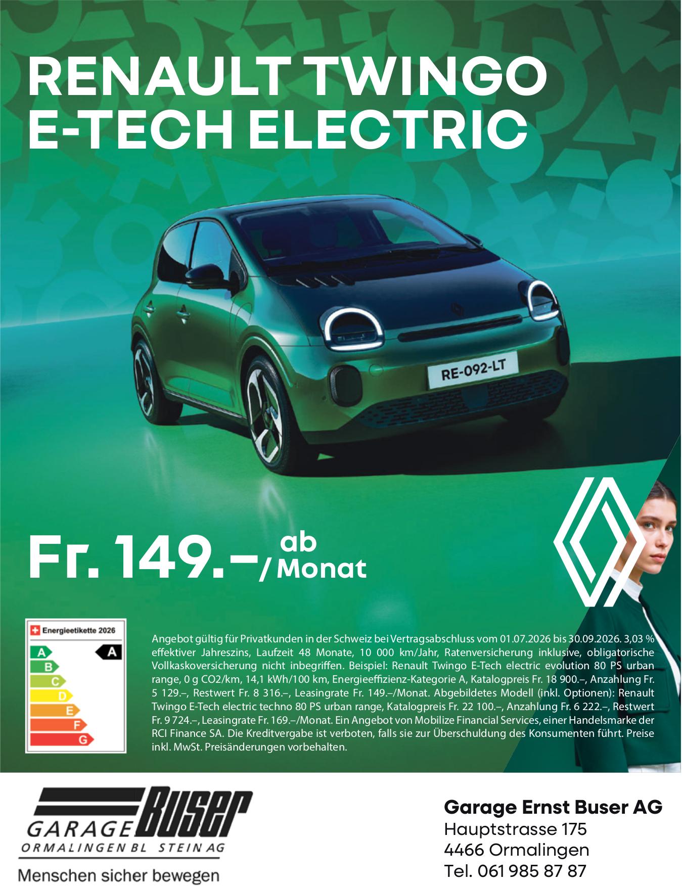 Garage Ernst Buser AG, Ormalingen - Renault Twingo E-tech Electric