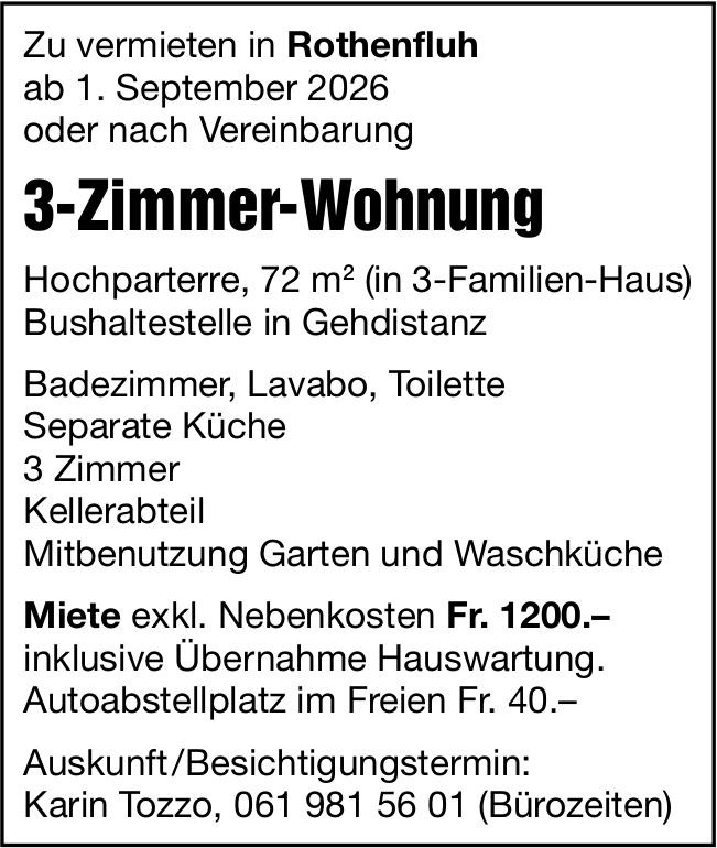 3-Zimmer-Wohnung, Rothenfluh, zu vermieten