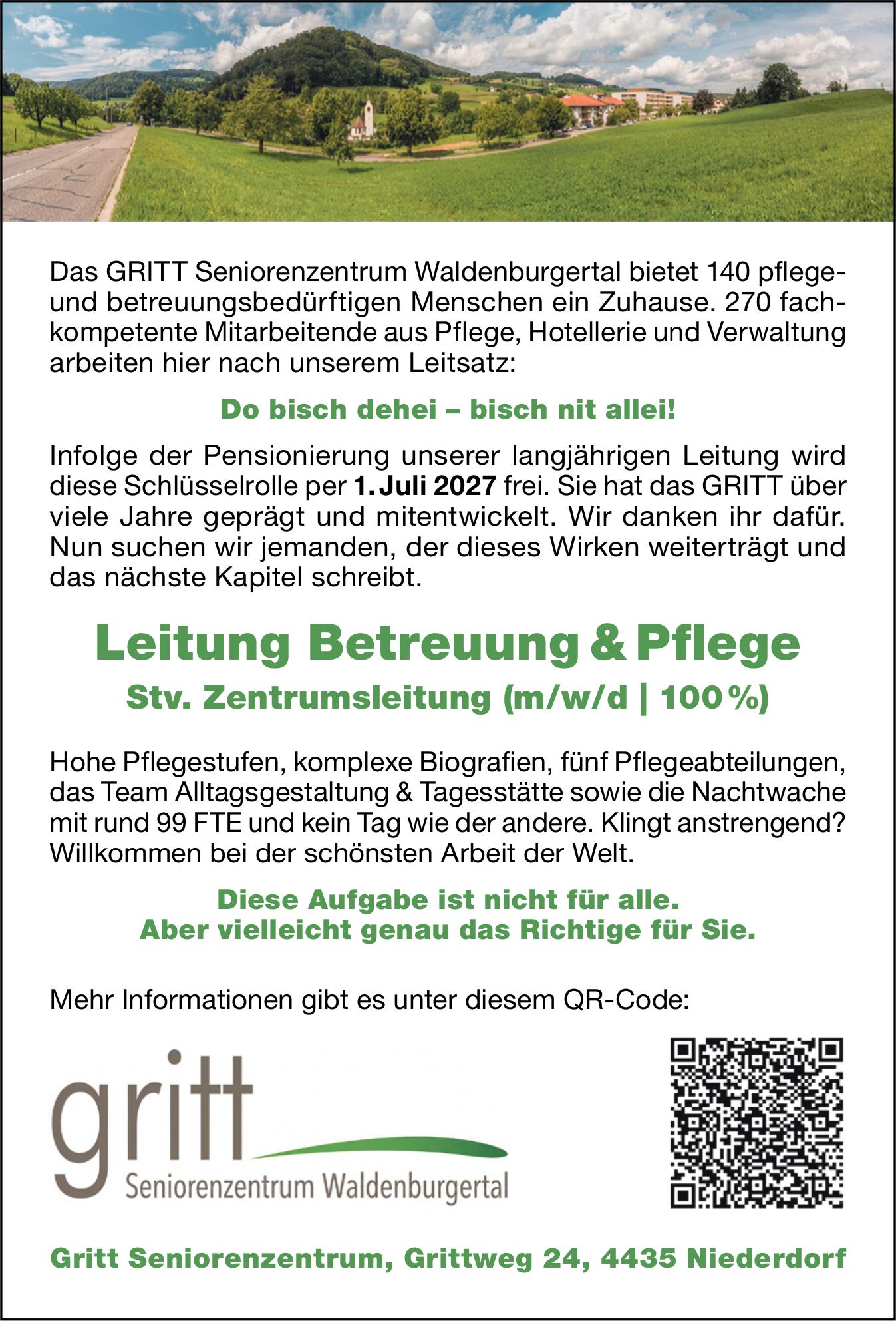 Stv. Zentrumsleitung (m/w/d | 100 %), Gritt Seniorenzentrum, Niederdorf, Gesucht