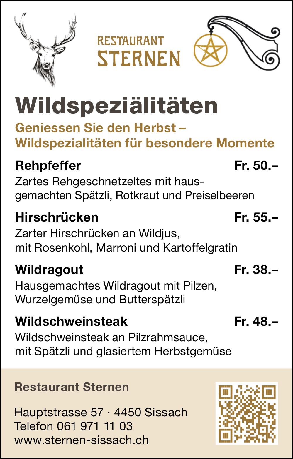 Restaurant Sternen, Sissach - Geniessen Sie den Herbst – Wildspezialitäten für besondere Momente