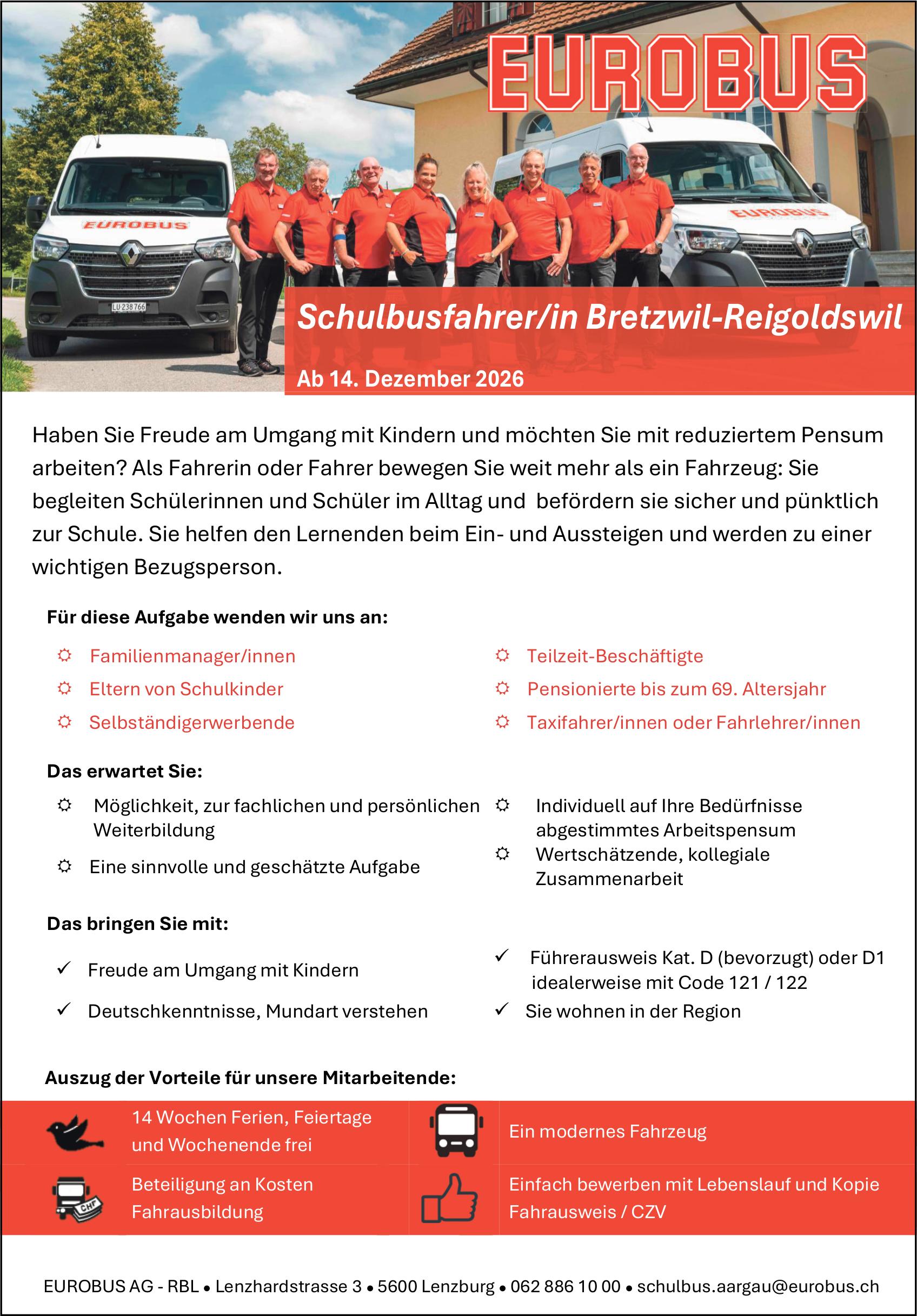 Schulbusfahrer/in Bretzwil-Reigoldswil, EUROBUS, Lenzburg, Gesucht