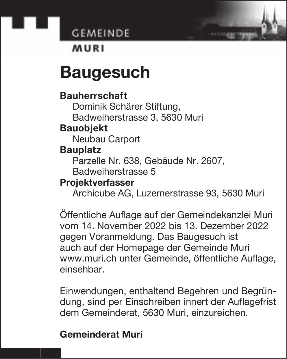 Baugesuche, Muri - Dominik Schärer Stiftung