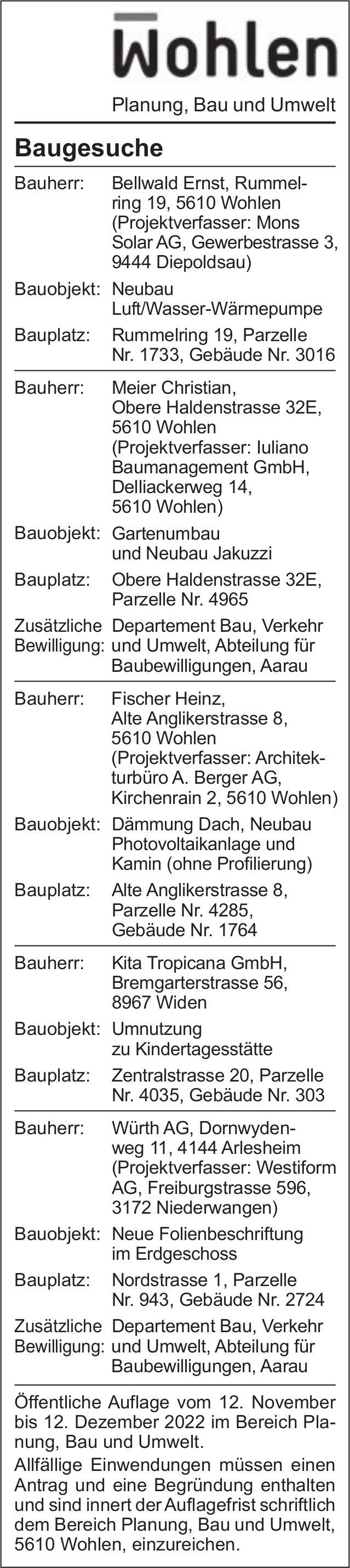 Baugesuche, Wohlen - Bellwald Ernst
