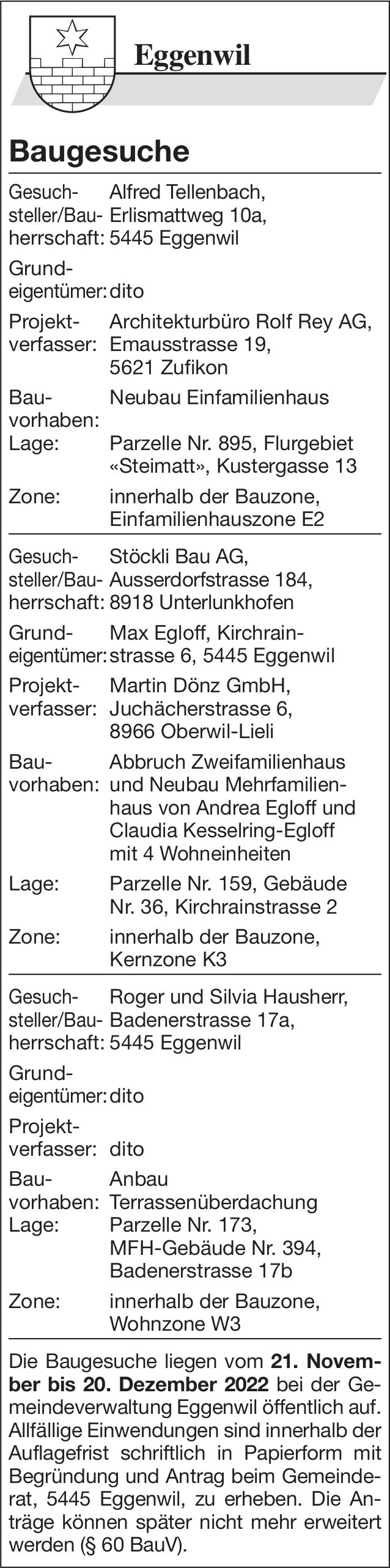 Baugesuche, Eggenwil - Alfred Tellenbach