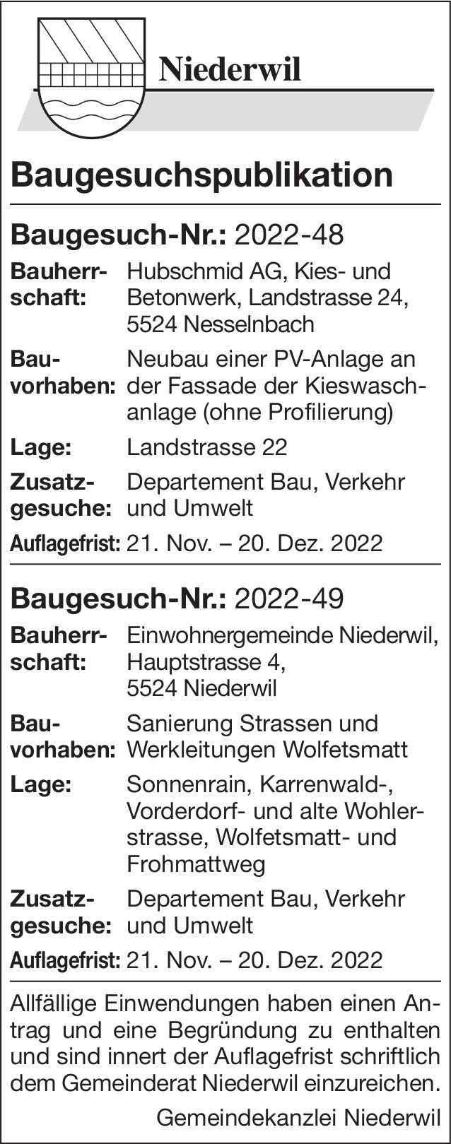 Baugesuche, Niederwil - Hubschmid AG