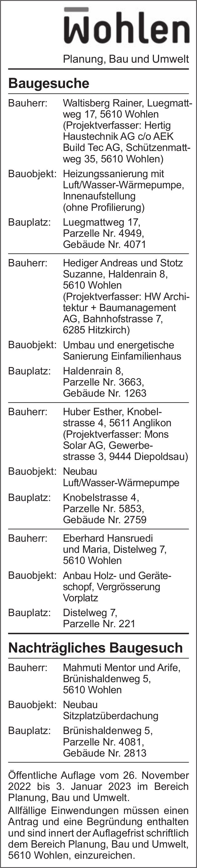 Baugesuche, Wohlen - Waltisberg Rainer
