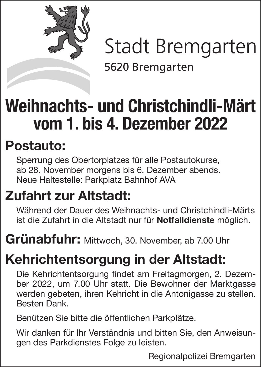 Bremgarten - Weihnachts- und Christchindli-Märt, 1. bis 4. Dezember