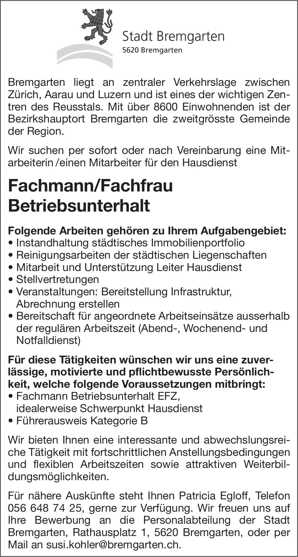 Fachmann/Fachfrau Betriebsunterhalt, Stadt, Bremgarten, gesucht