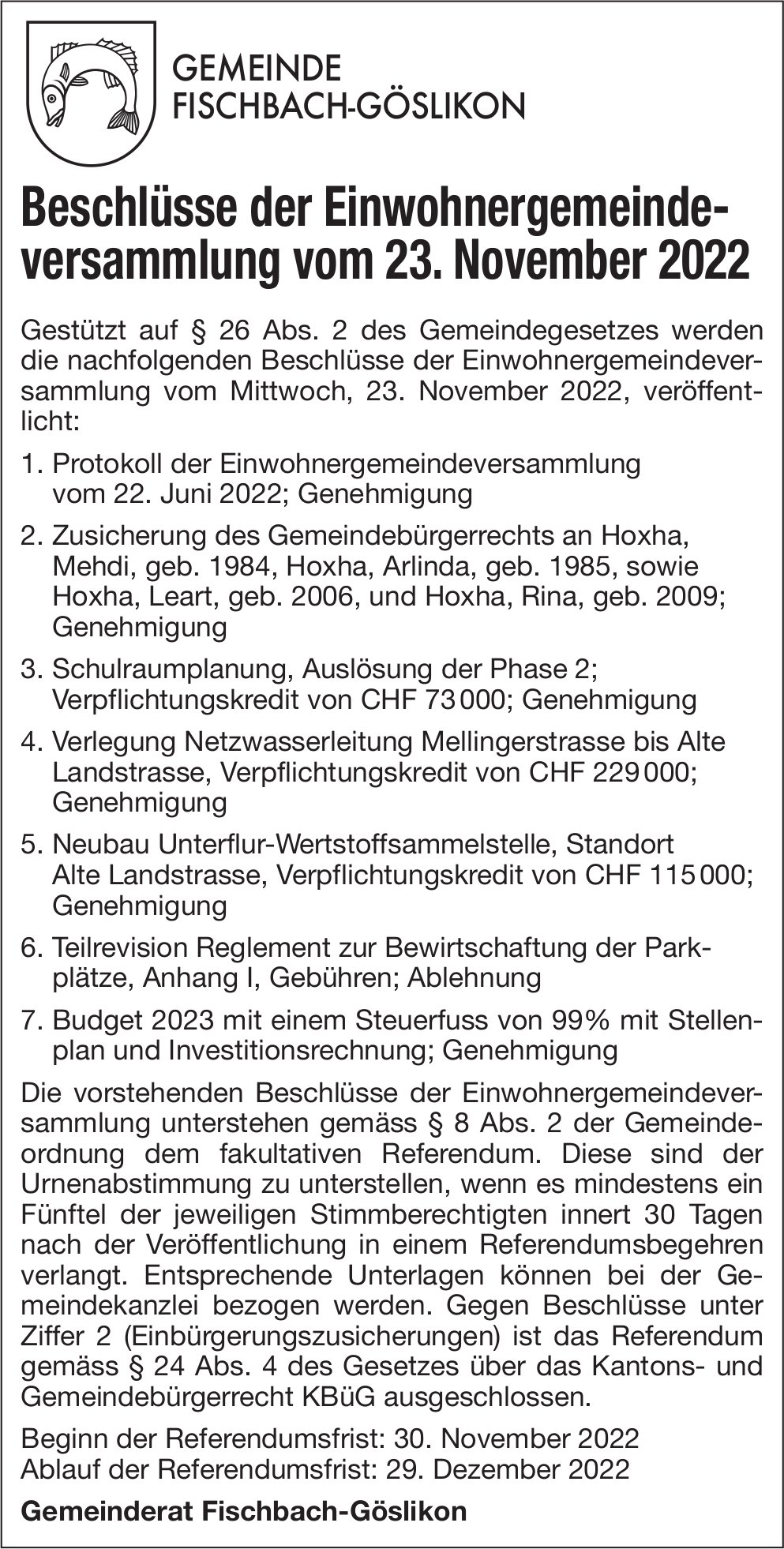 Fischbach-Göslikon - Beschlüsse der Einwohnergemeindeversammlung vom 23. November 2022