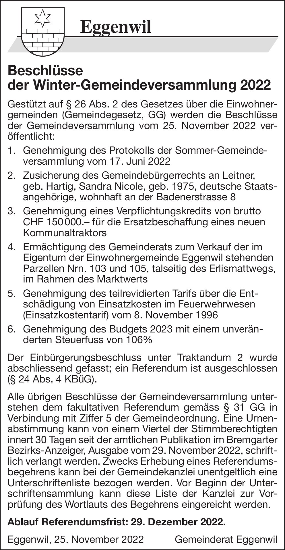 Eggenwil - Beschlüsse der Winter-Gemeindeversammlung 2022