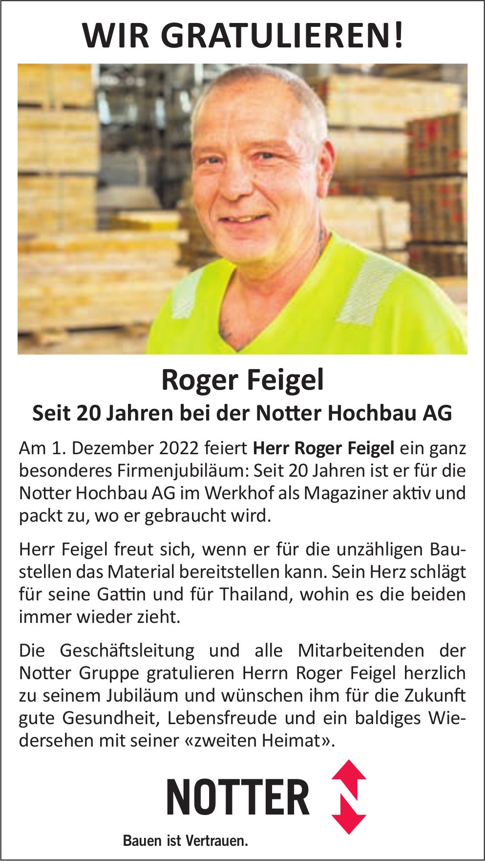 Notter Hochbau AG, Wir gratulieren Roger Feigel für 20 Jahre