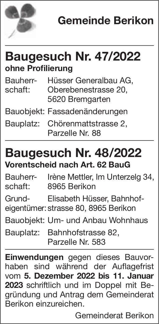Baugesuche, Berikon - Hüsser Generalbau AG