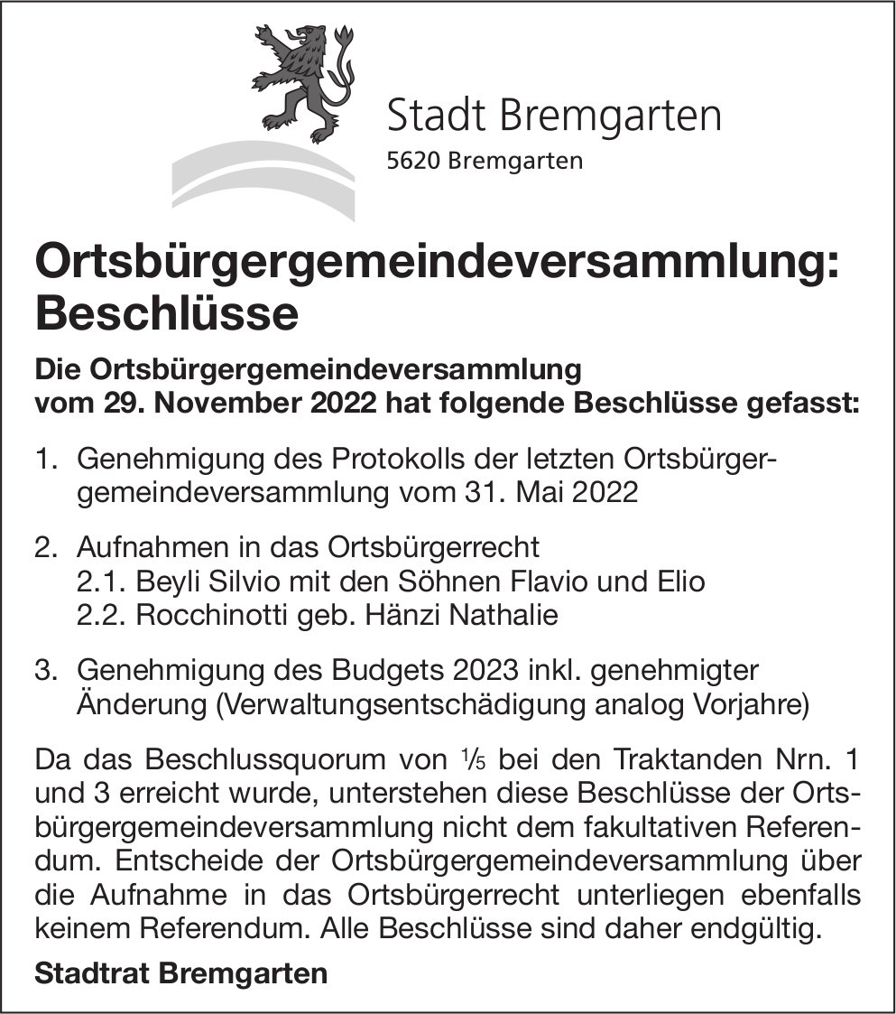 Bremgarten - Beschlüsse der Ortsbürgergemeindeversammlung