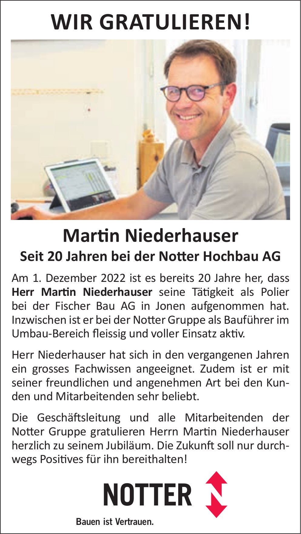 Notter Hochbau AG, Jonen - Wir gratulieren Martin Niederhauser für 20 Jahre