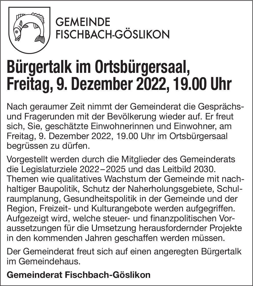 Bürgertalk im Ortsbürgersaal, 9. Dezember, Fischbach-Göslikon