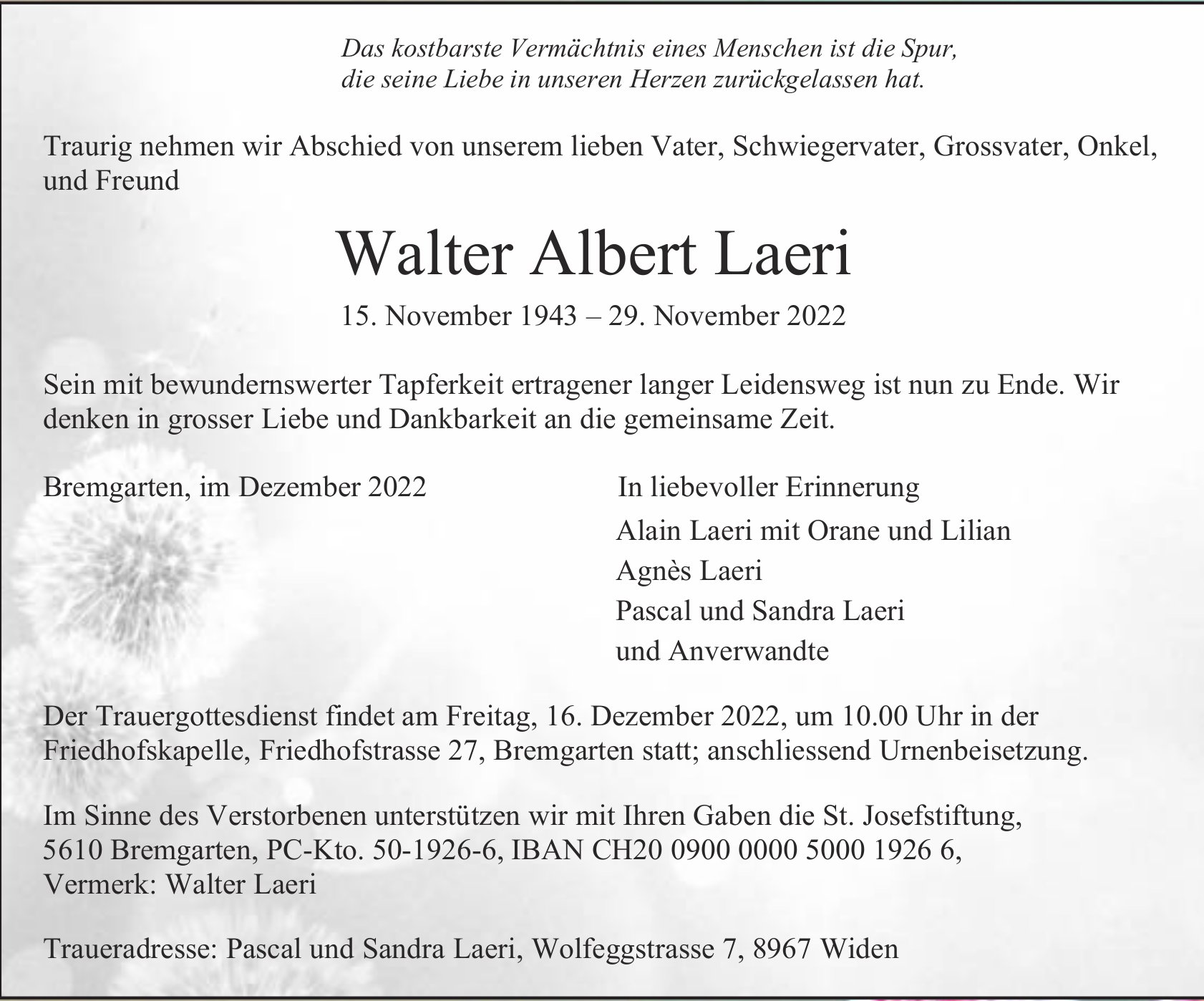 Walter Albert Laeri, November 2022 / TA