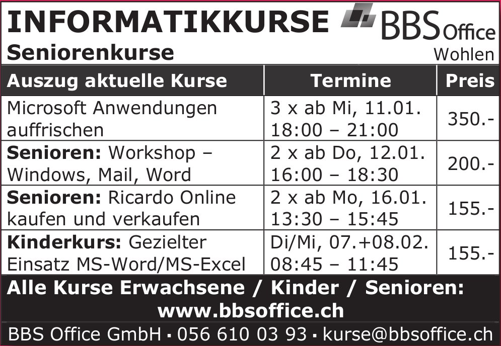 BBS Office GmbH, Wohlen - Informatikkurse