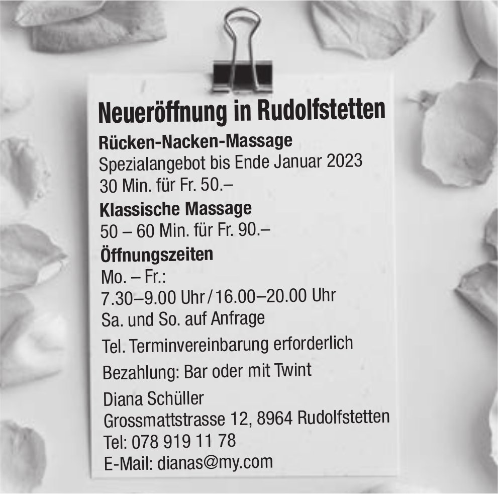 Diana Schüller, Rudolfstetten - Neueröffnung Rücken-Nacken-Massage & Klassische Massage