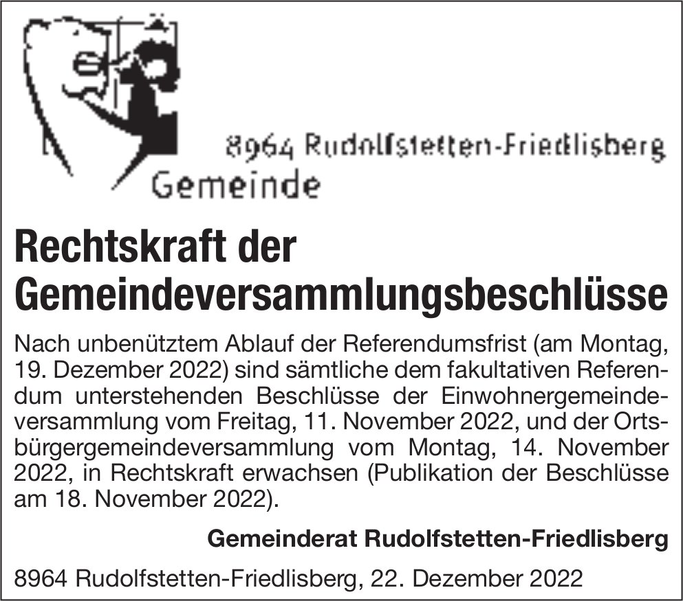 Rudolfstetten - Rechtskraft der Gemeindeversammlungsbeschlüsse