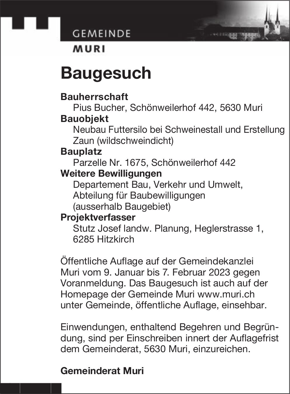 Baugesuche, Muri - Pius Bucher