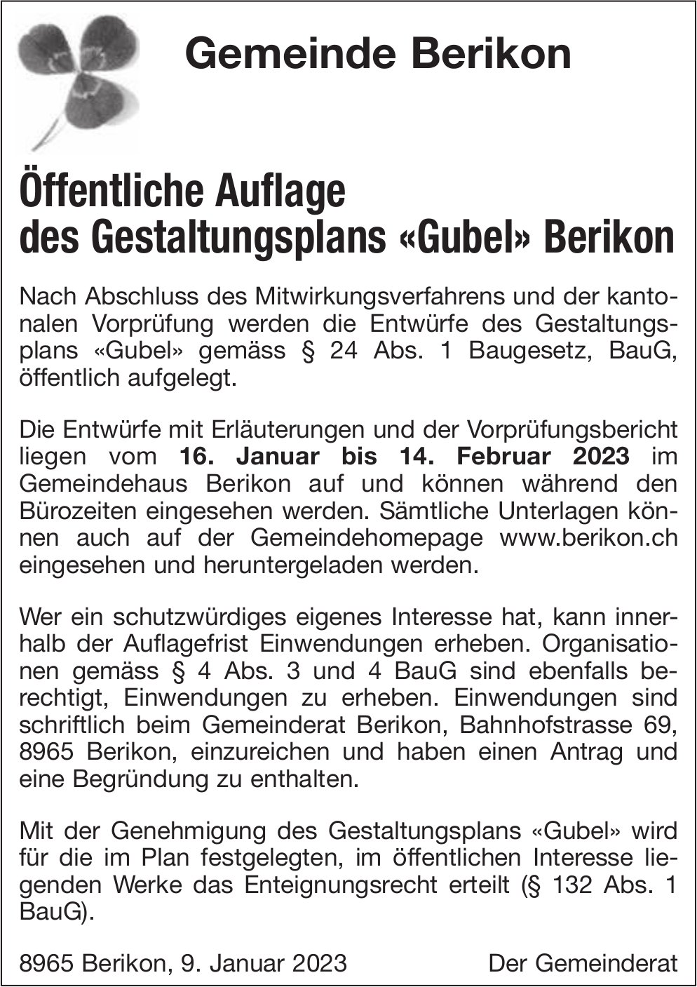 Berikon - Öffentliche Auflage des Gestaltungsplans «Gubel»
