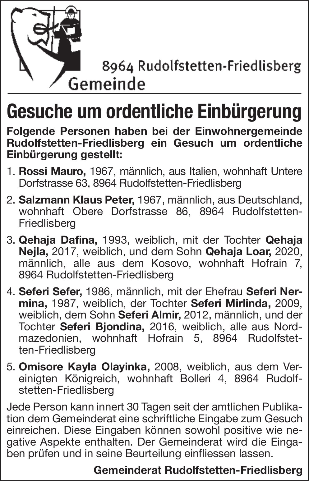 Rudolfstetten-Friedlisberg - Gesuche um ordentliche Einbürgerung