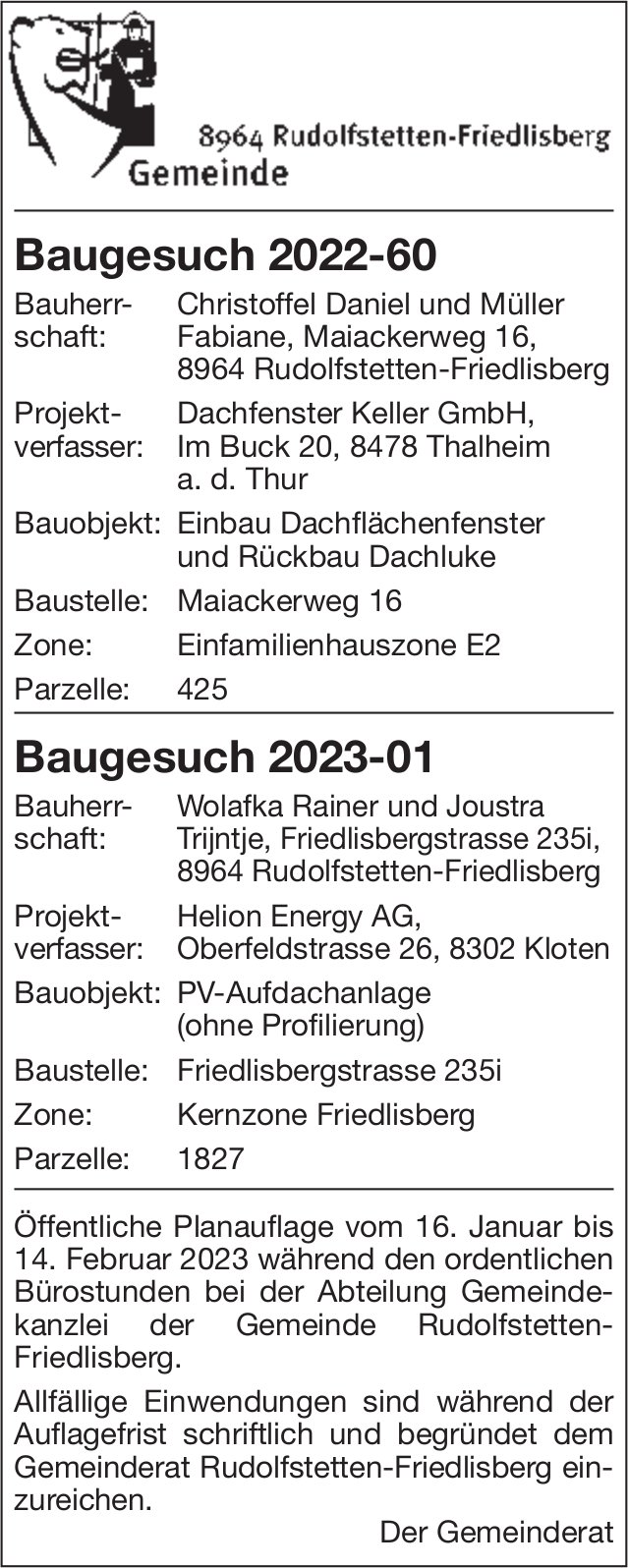 Baugesuche, Rudolfstetten-Friedlisberg