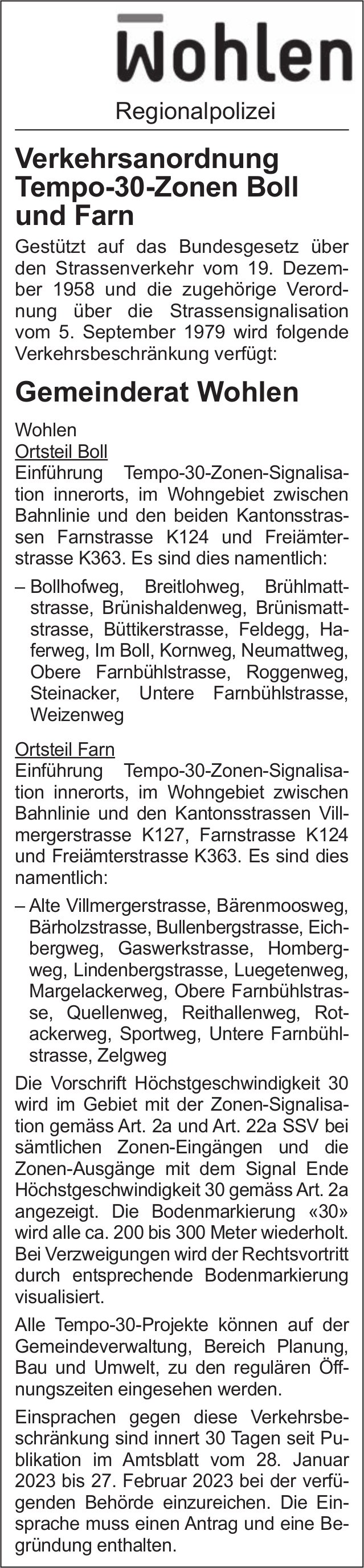 Wohlen - Verkehrsanordnung Tempo-30-Zonen Boll und Farn