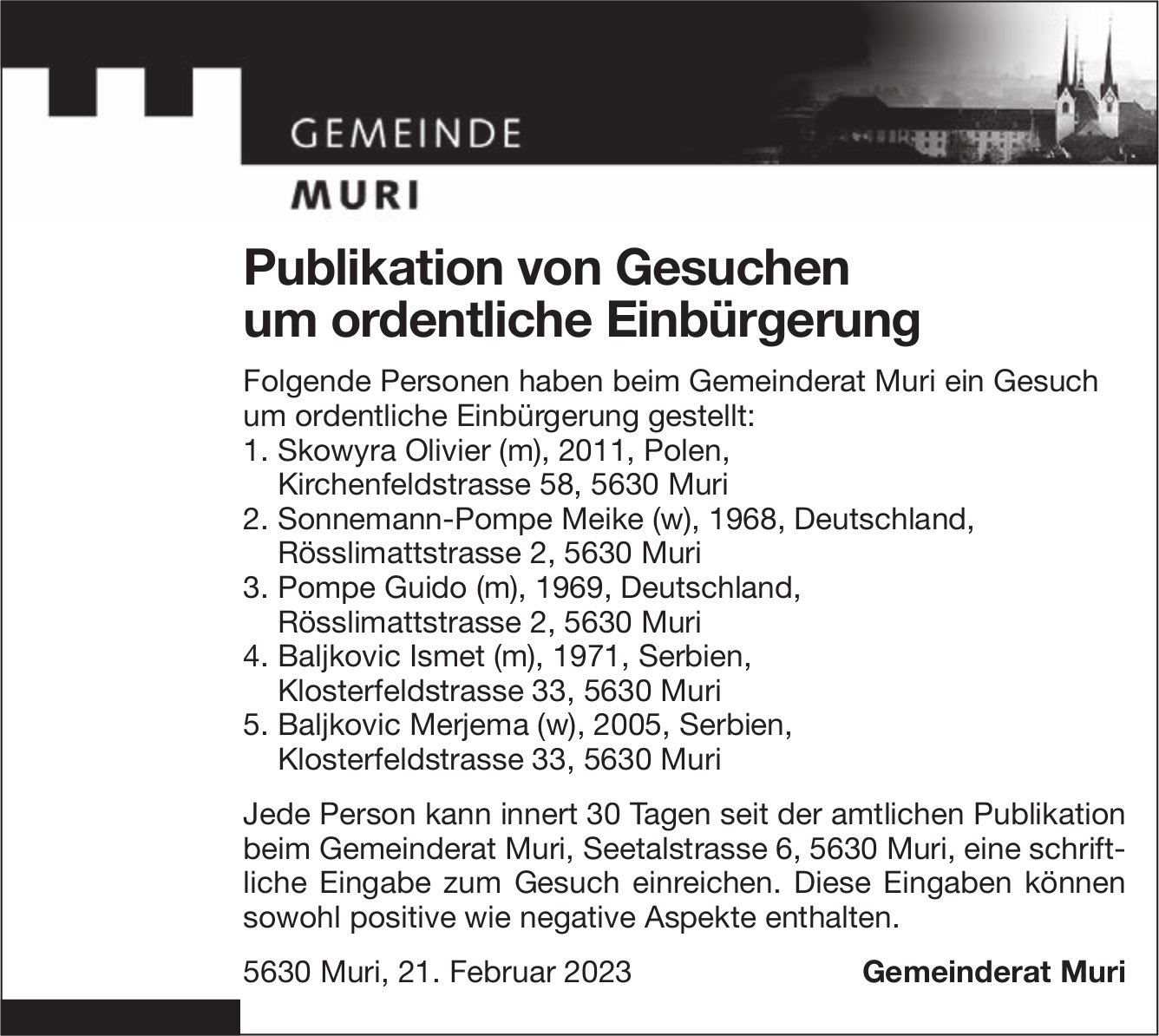 Muri - Publikation von Gesuchen um ordentliche Einbürgerung