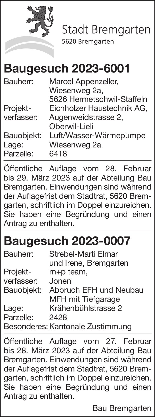 Baugesuche, Bremgarten - Marcel Appenzeller