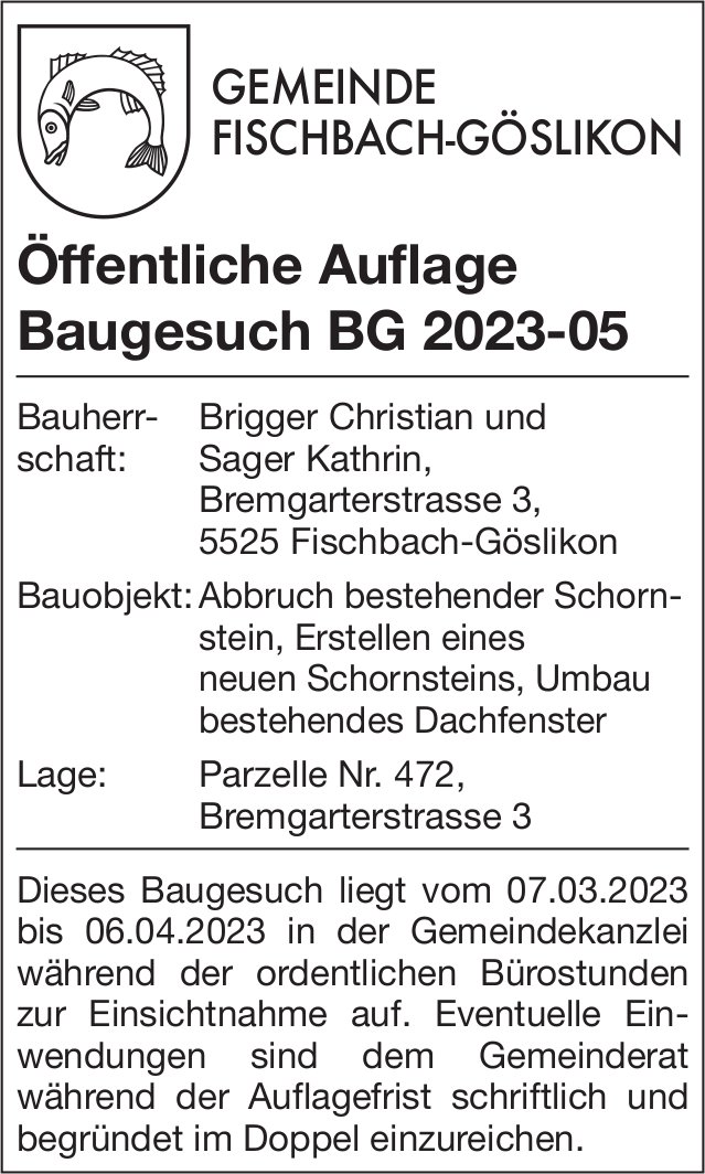 Baugesuche, Fischbach-Göslikon - Öffentliche Auflage