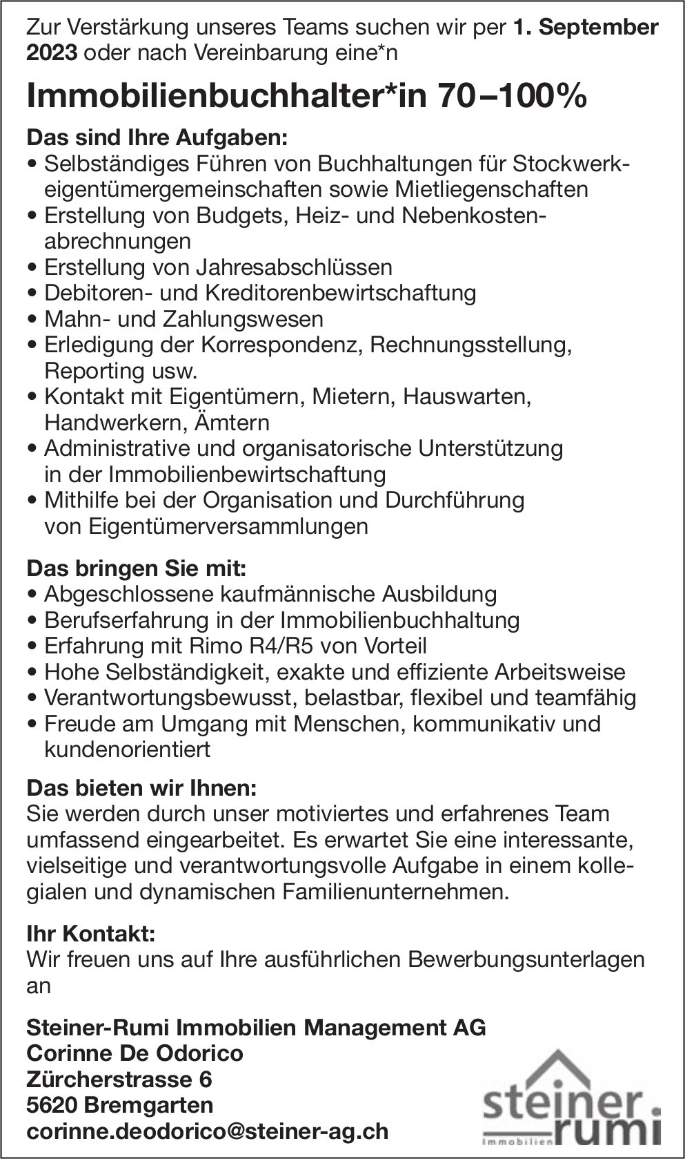 Immobilienbuchhalter*in 70 –100%, Steiner-Rumi Immobilien Management AG, Bremgarten, gesucht