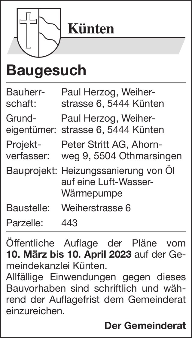 Baugesuche, Künten - Paul Herzog