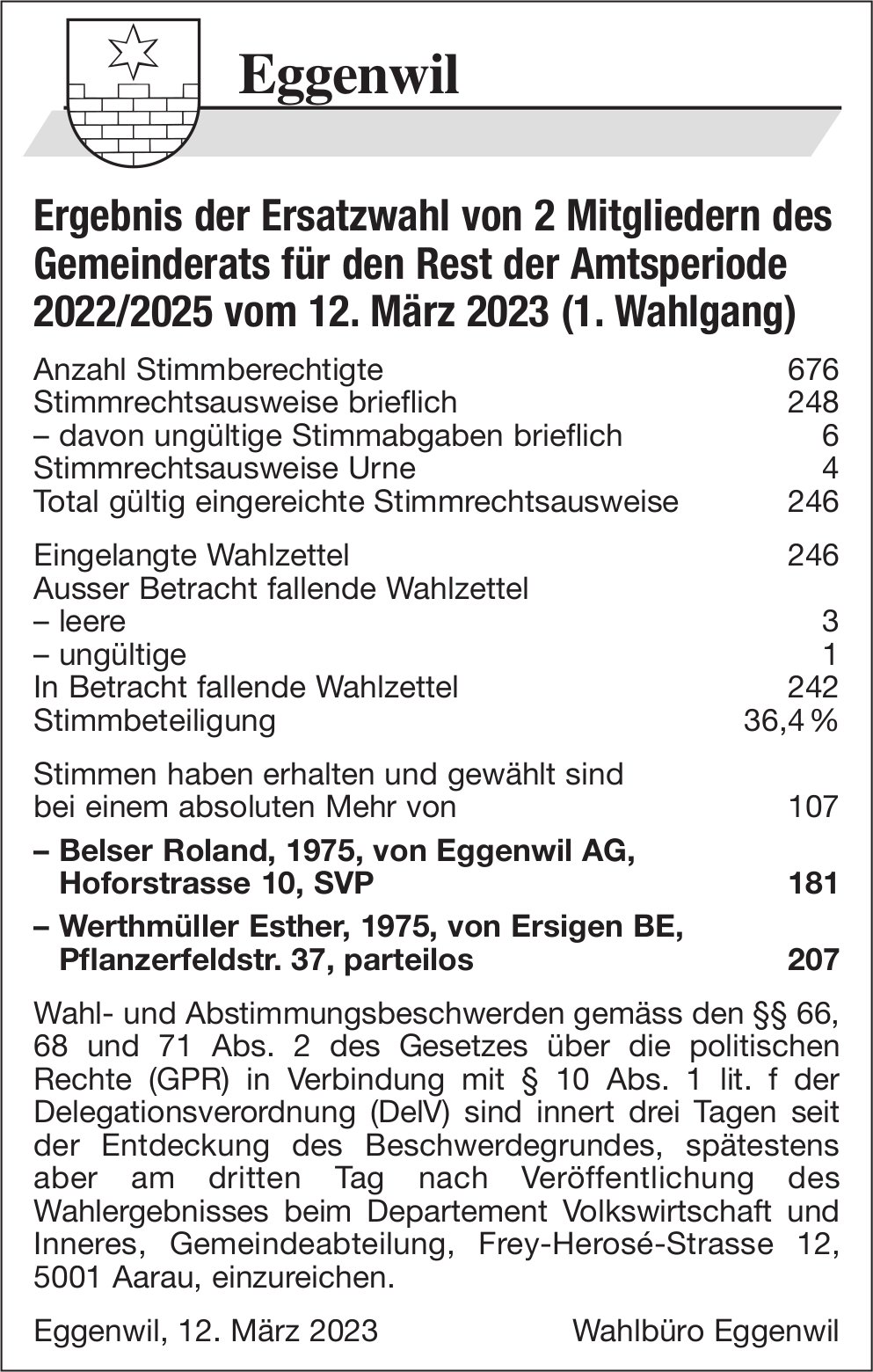 Eggenwil - Ergebnis der Ersatzwahl von 2 Mitgliedern des Gemeinderats