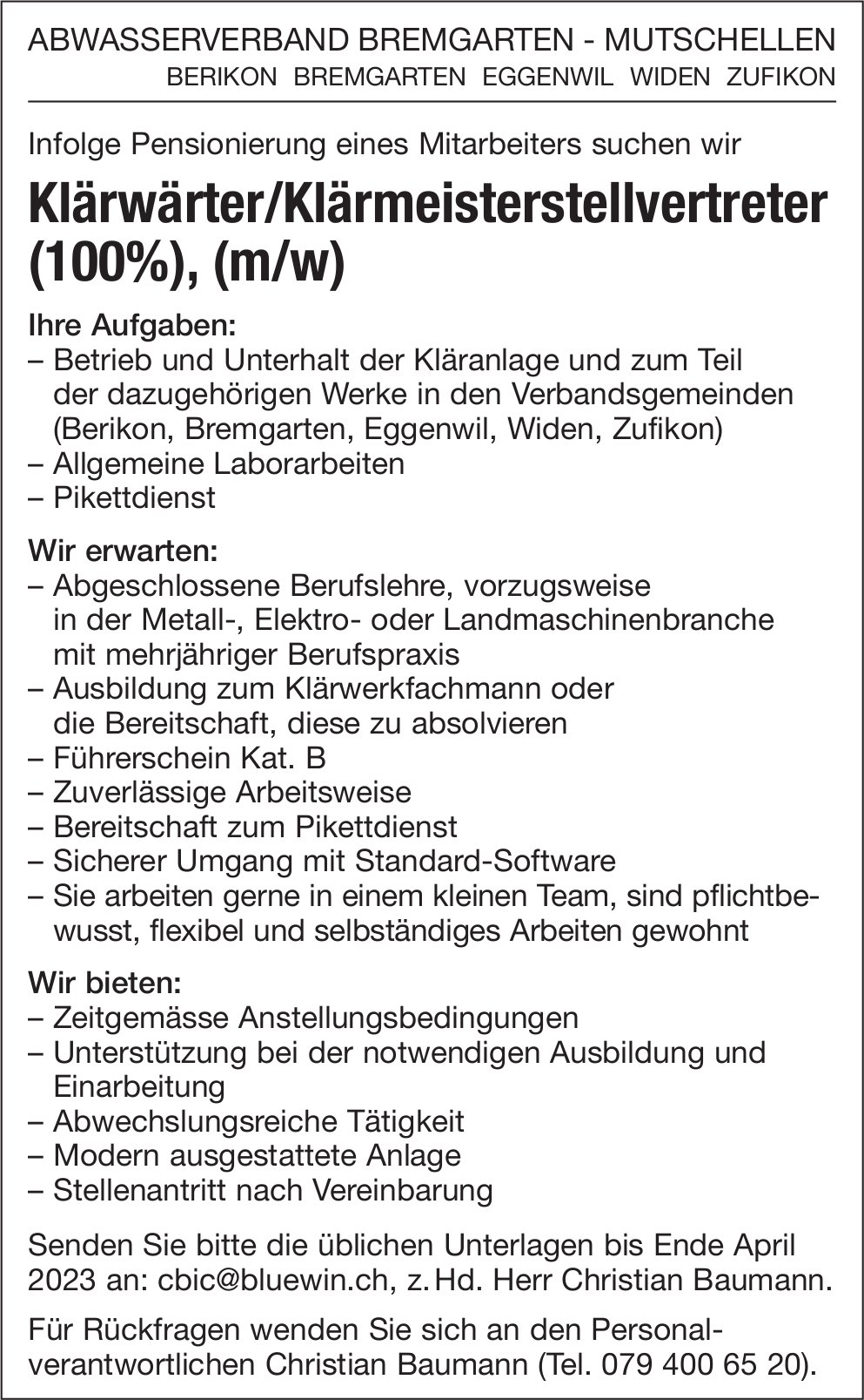 Klärwärter/Klärmeisterstellvertreter (100%), (m/w), Abwasserverband, Bremgarten-Mutschellen,  gesucht