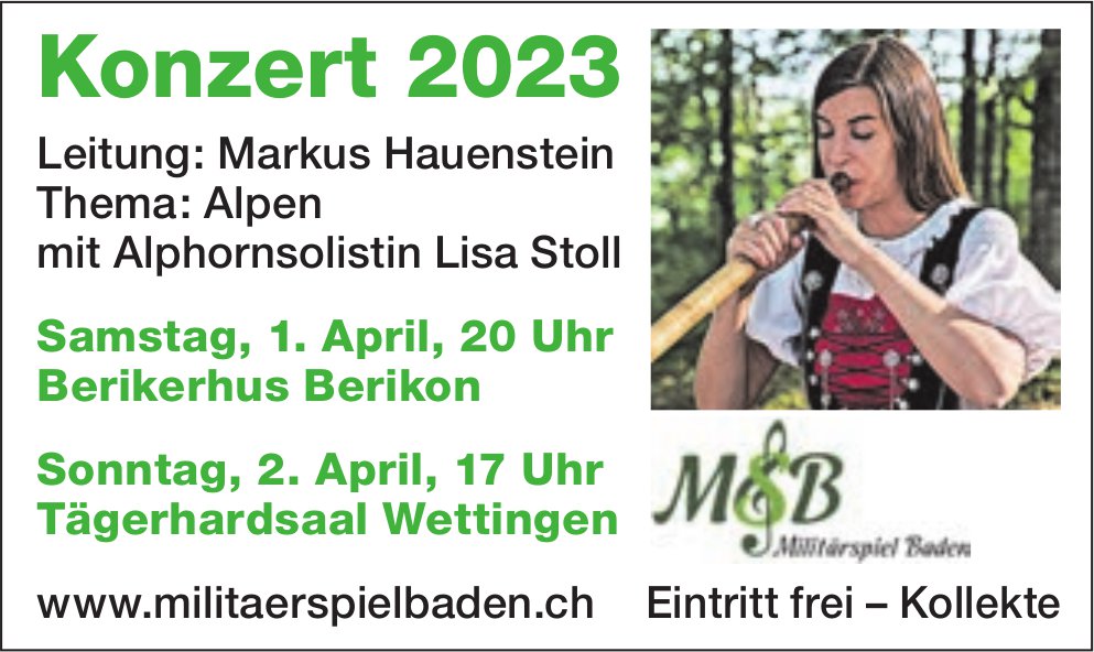 Konzert Lisa Stoll, 1. und 2. April, Berikerhus Berikon und Tägerhardsaal Wettingen