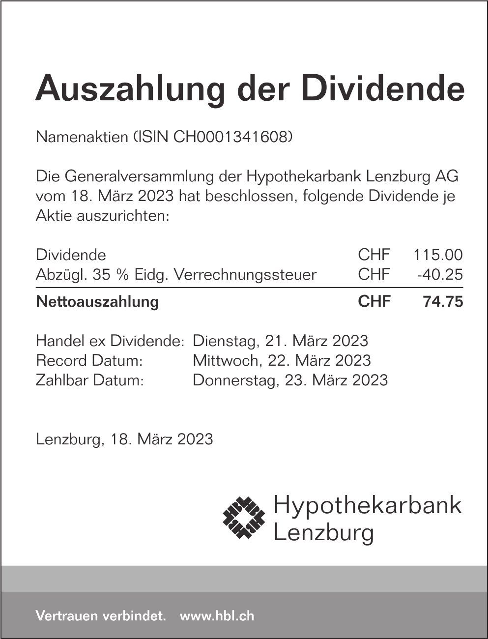 Hypothekarbank Lenzburg, Auszahlung der Dividende