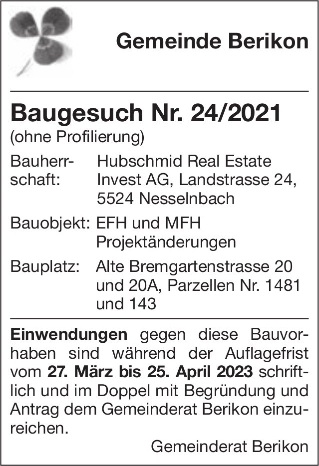 Baugesuche, Berikon - Hubschmid Real Estate Invest AG