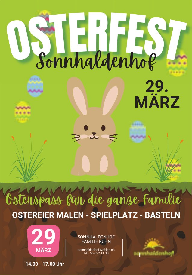 Osterfest mit Ostereier malen, Spielplatz und Basteln, 29. März, Sonnhaldenhof, Wohlen