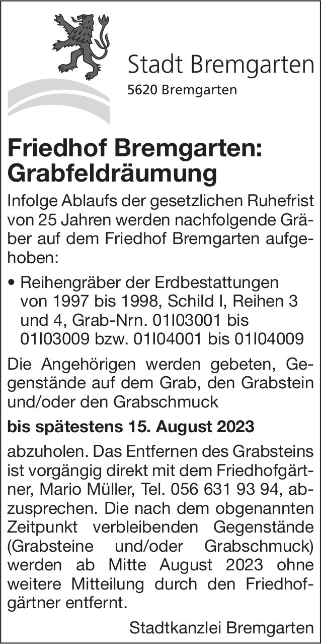 Stadt Bremgarten, Friedhof: Grabfeldräumung
