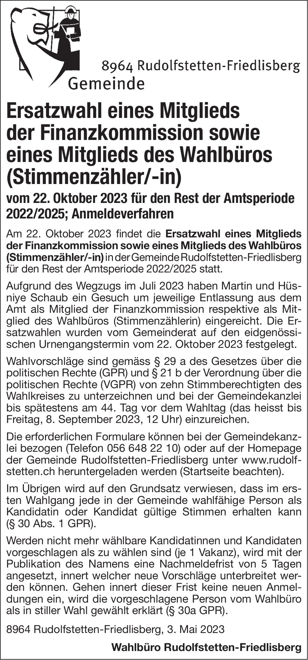 Rudolfstetten-Friedlisberg - Ersatzwahl eines Mitglieds der Finanzkommission sowie eines Mitglieds des Wahlbüros