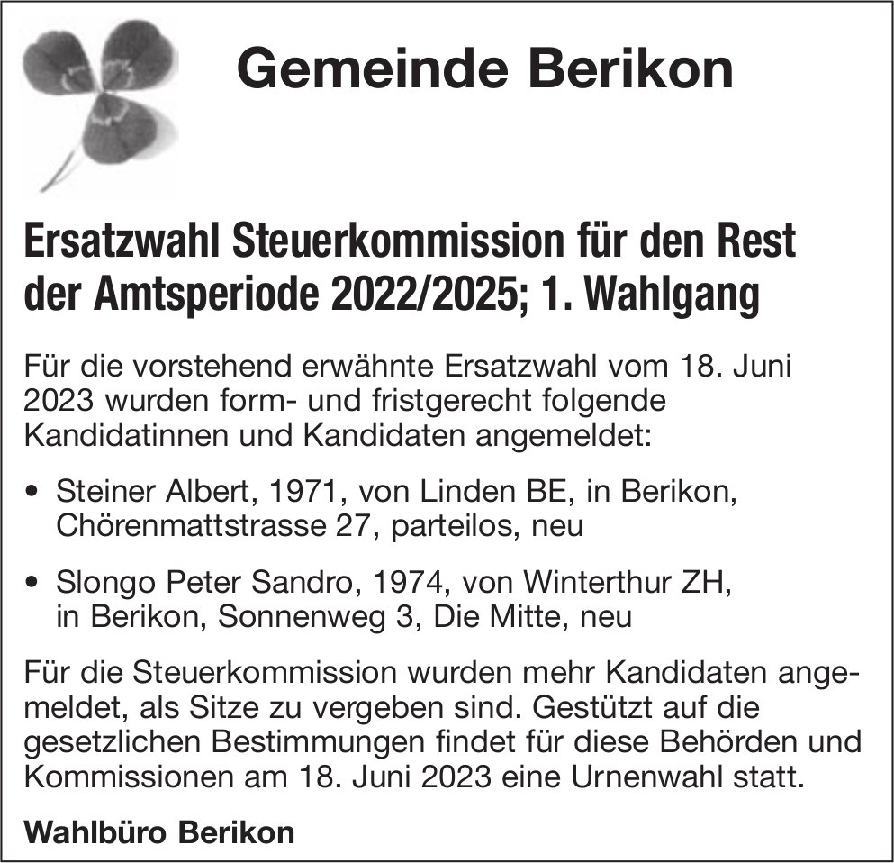 Gemeinde, Berikon - Ersatzwahl Steuerkommission; 1. Wahlgang