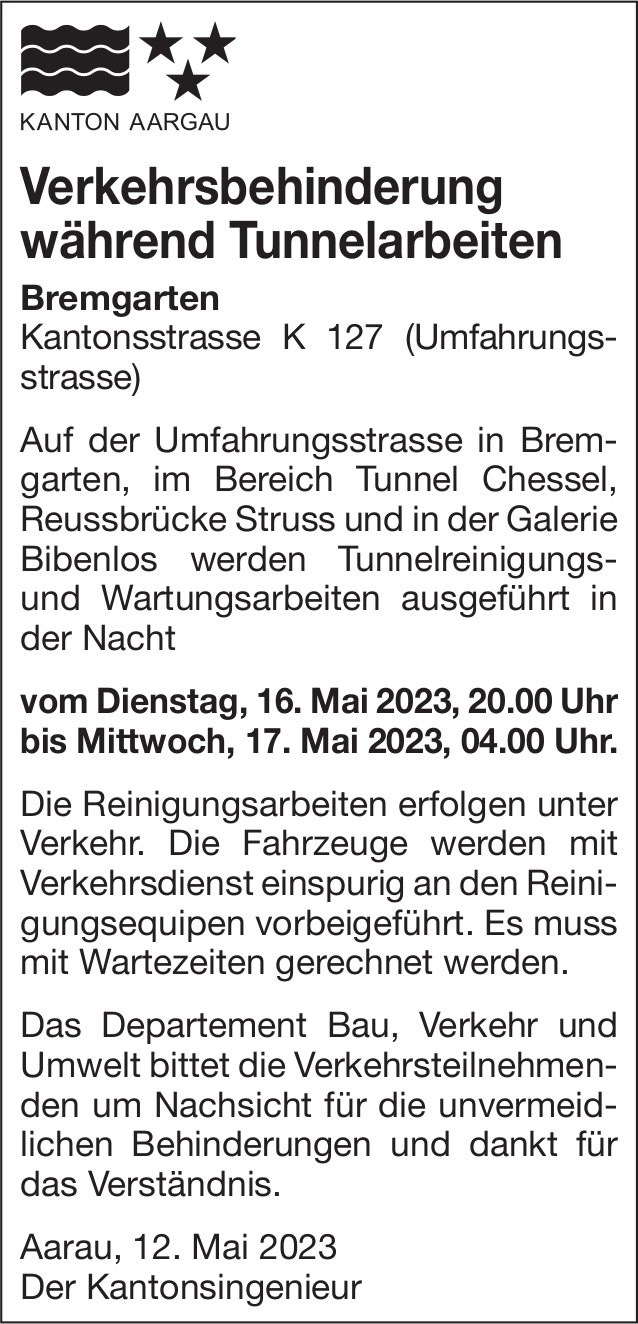 Kanton Aargau - Verkehrsbehinderung während Tunnelarbeiten