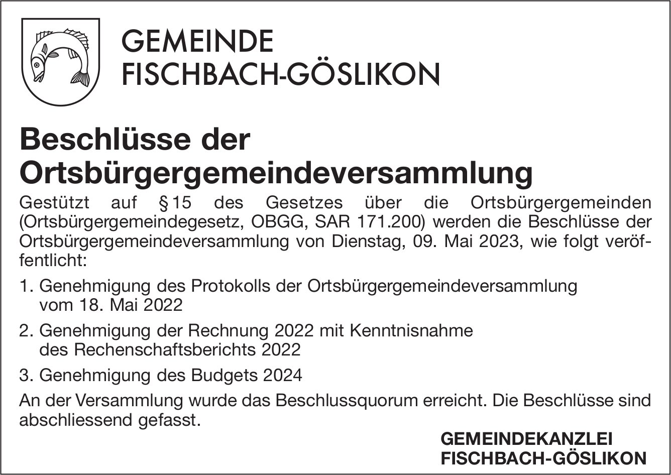 Fischbach-Göslikon - Beschlüsse der Ortsbürgergemeindeversammlung